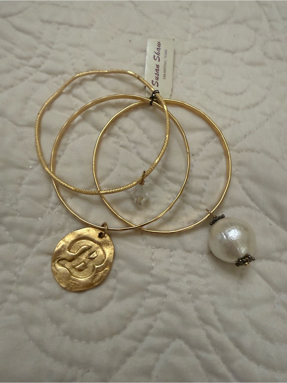 Initial B Susan Shaw gold -Tone Charm Bangle Set with cotton Pearl Accent